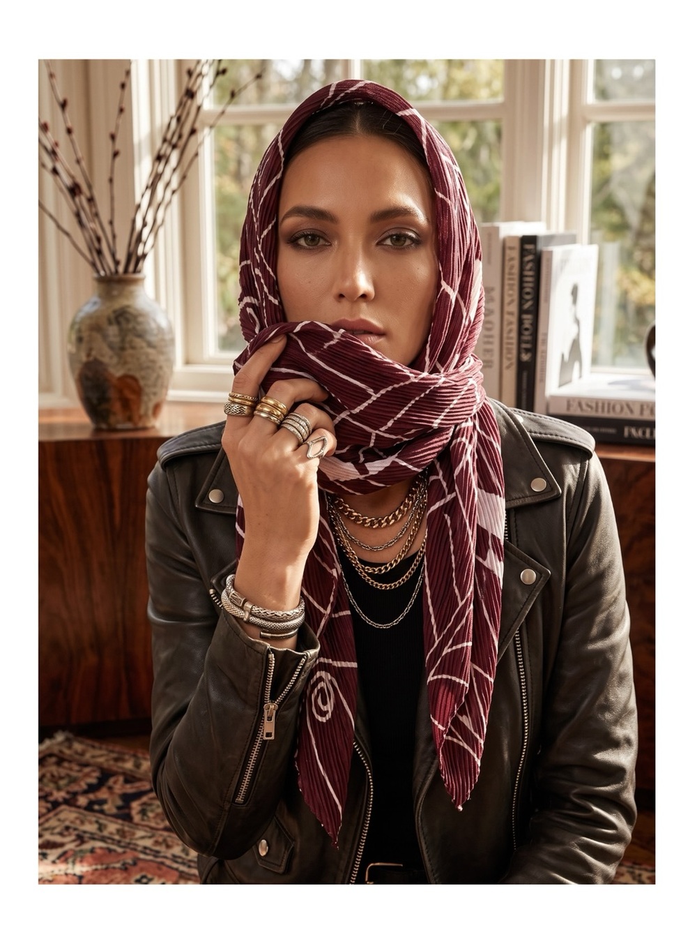 new Liebeskind Berlin 𑁍 Woven Jungle Leaf Print Scarf 𑁍 Wine 𑁍 Made in India - Picture 14 of 16